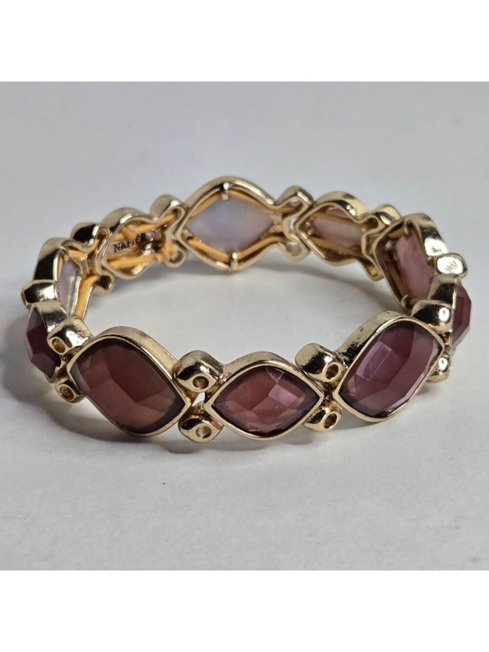 Vintage Napier Gold Tone Stretch Bracelet Mauve Purple Faceted Lucite Panel 7"